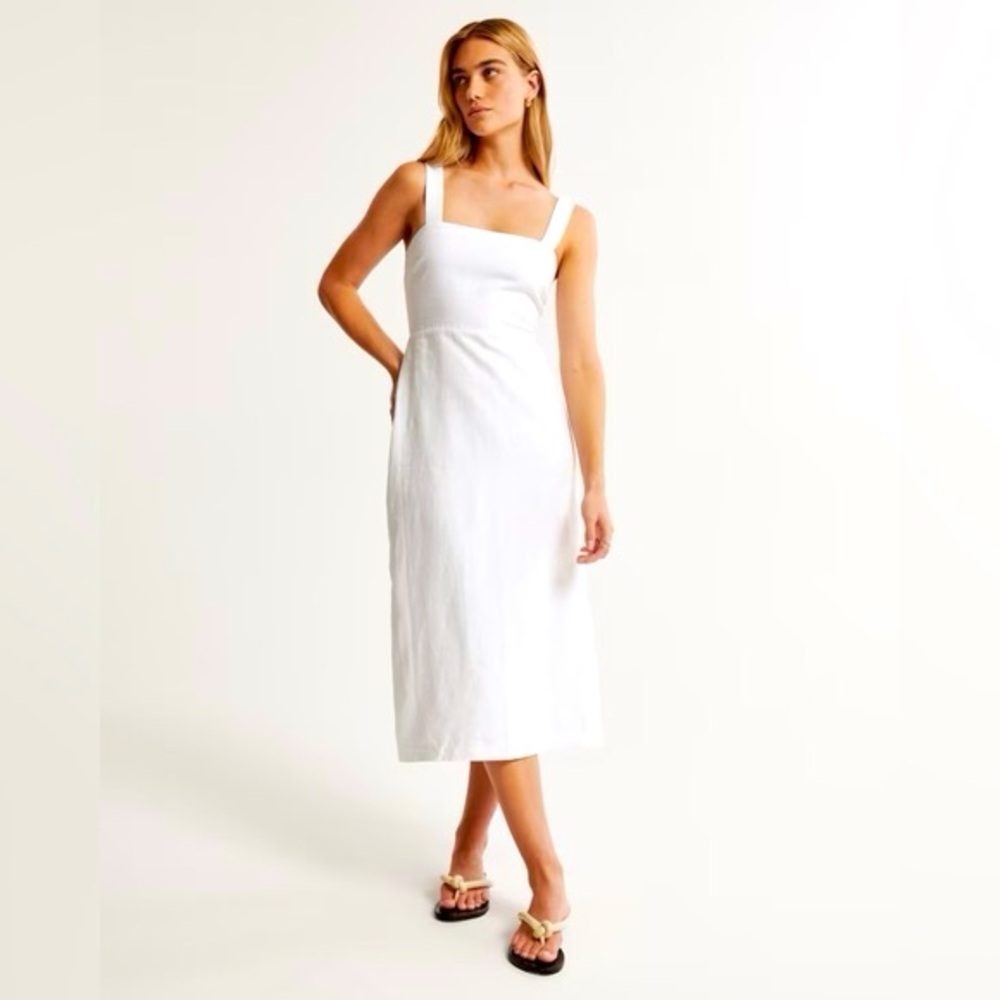 ABERCROMBIE PREMIUM LINEN HIGH-SLIT MIDI DRESS | WHITE COLOR | SIZE LARGE